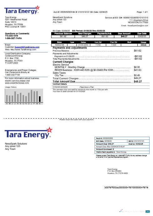 Download USA Texas Tara Energy business utility bill template in Word and PDF formats Photoshop template